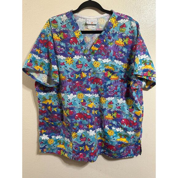 Peaches Day At the Beach Tropical Unisex Scrubs 3-Pocket Front, Size XL - Picture 1 of 3